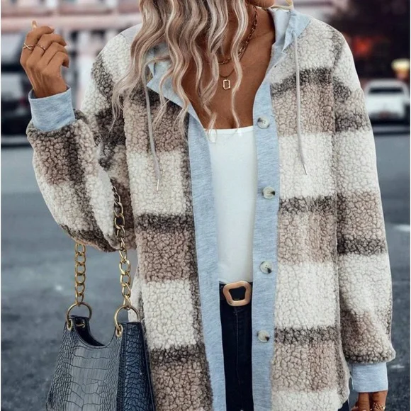 New plaid print hooded Teddy jacket - Picture 4 of 7